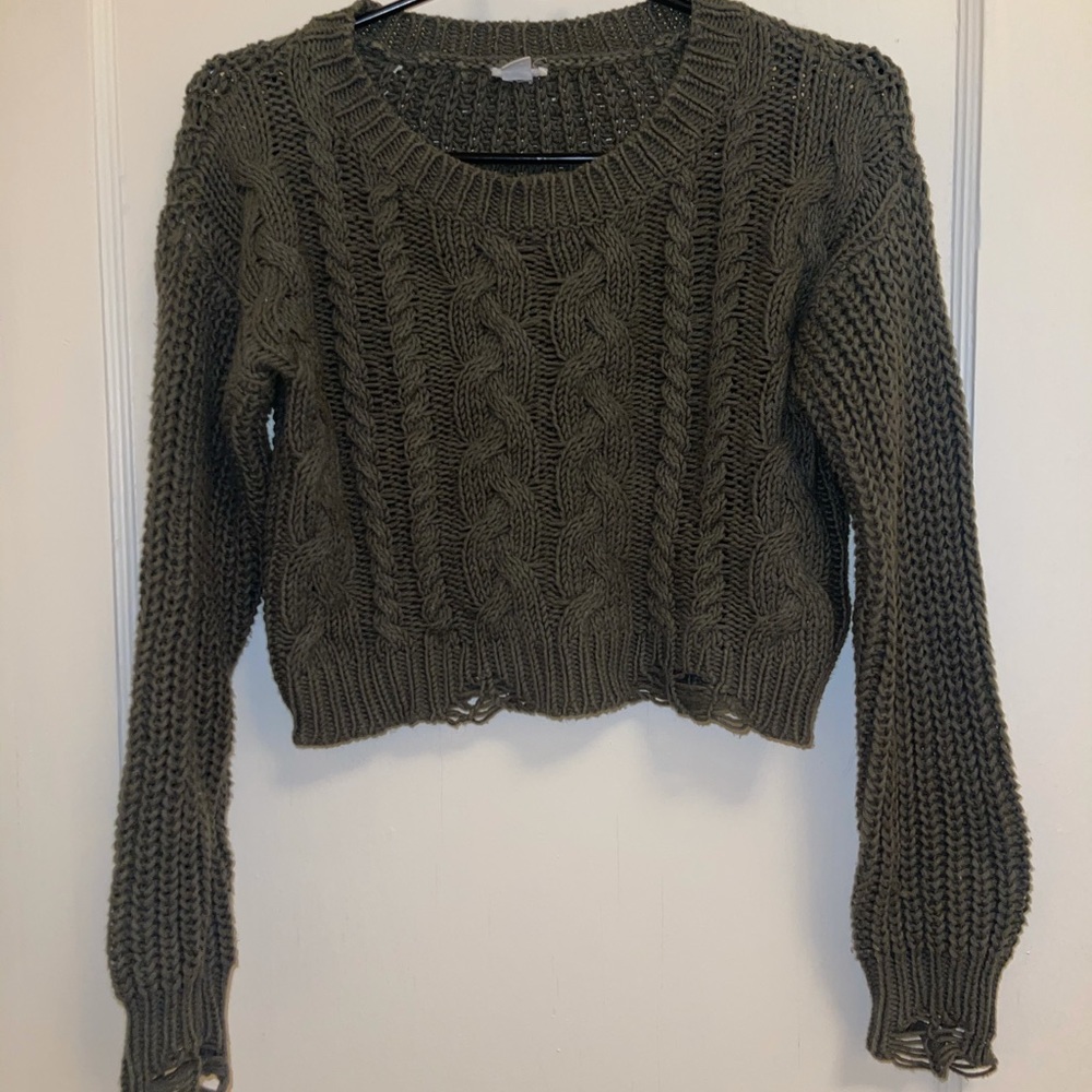Garage green cropped cable knit distressed sweater